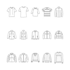 Doodle clothes. Vector set of t-shirt, jacket, sweater in doodle style with a black line on a white background for a label design © fahmi