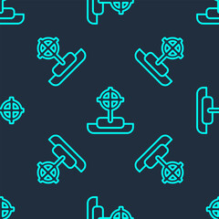 Green line Tombstone with cross icon isolated seamless pattern on blue background. Grave icon. Happy Halloween party. Vector