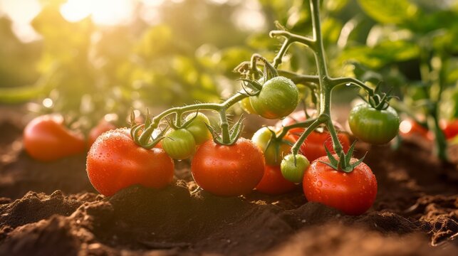 Close up of ripe tomatoes growing on soil. AI generative.