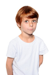 Red-haired boy in white t-shirt close-up cropped view at gray background