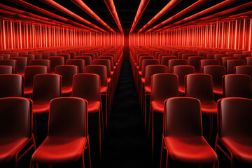 Obraz premium A row of identical red chairs lined up in a perfectly straight lines, symmetrical pattern in pop art style. 3d render illustration style. 