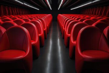 Fototapeta premium A row of identical red chairs lined up in a perfectly straight lines, symmetrical pattern in pop art style. 3d render illustration style. 