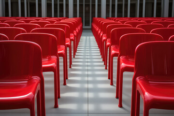 Obraz premium A row of identical red chairs lined up in a perfectly straight lines, symmetrical pattern in pop art style. 3d render illustration style. 