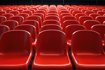 A row of identical red chairs lined up in a perfectly straight lines, symmetrical pattern in pop art style. 3d render illustration style. 