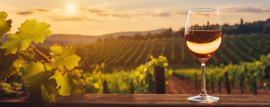 Glass of wine, winery concept background in garden vineyards soft focus. AI generative.