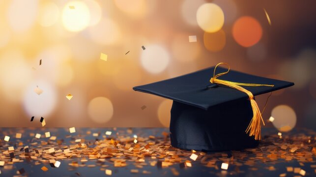 Graduation cap with confetti background. AI generative.