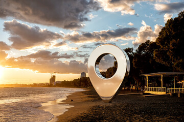 Location marker on seashore. Dasoudi beach, Limassol, Cyprus