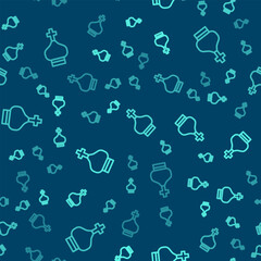 Green line Christian church tower icon isolated seamless pattern on blue background. Religion of church. Vector