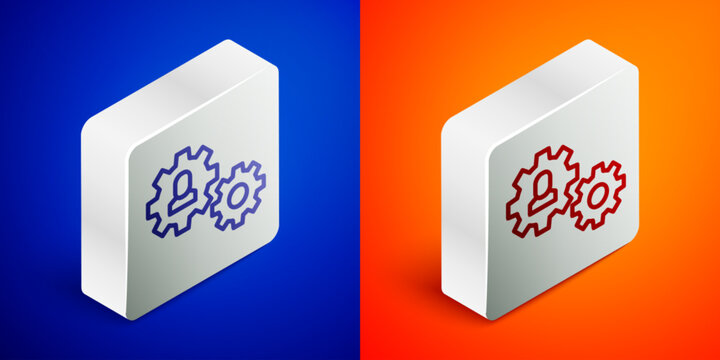 Isometric line Human with gear icon isolated on blue and orange background. Artificial intelligence. Thinking brain sign. Symbol work of brain. Silver square button. Vector
