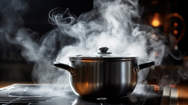 A pot on a stove with steam coming out. AI generative.