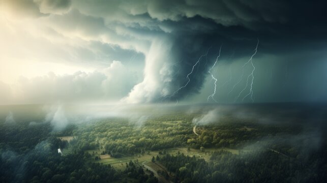 Aerial view of tornado with storm clouds. AI generative.