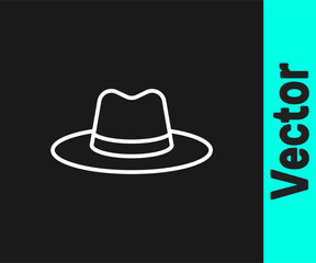 White line Man hat with ribbon icon isolated on black background. Vector