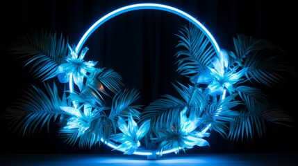 Fototapeta na wymiar Light blue circular neon light with tropical leaves. AI generative.