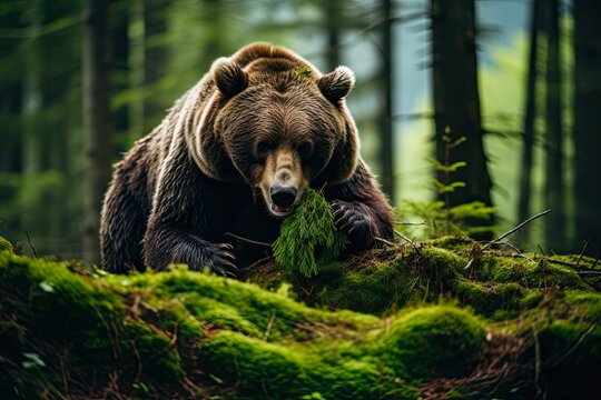 Close Encounter with a Wild Brown Bear Eating in Slovenia's Forest and Mountains: Wildlife Photography: Generative AI