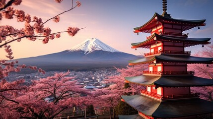 chureito pagoda with mt fuji japan behind colorful autumn trees and cherry blossoms scenic dramatic beautiful nature temple landmark generative AI
