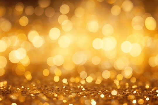 Abstract golden background with bokeh effect and shining defocused glitters. Festive gold texture for Christmas, New Year, birthday, celebration, greeting, victory, success, magic party.