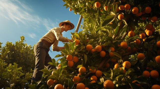 Person picking oranges from tree. AI generative.