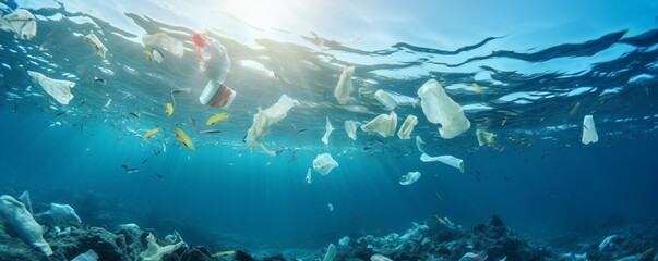 Fototapeta na wymiar Plastic floating in the ocean, pollution in ocean, microplastic, sunlight with Generative AI.