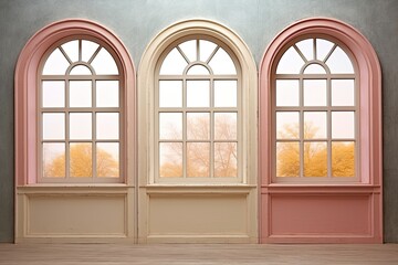 Vintage Palladian Window Collage in Various Colors. Three-Part Venetian Window with Decorative Columns and Flat-Headed Lower Sections. Minimalist and Lovely Outside Composition: Generative AI