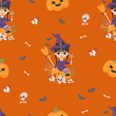 Seamless pattern Halloween. Cute witch girl on pumpkin Jack with candy lollipops with skull, fly agaric on orange background with bats. Vector illustration in cartoon style. Kids collection