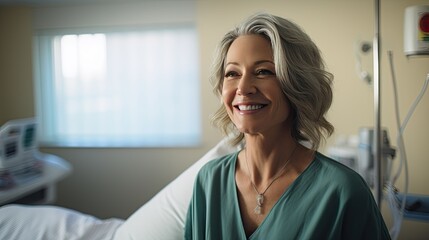 Obraz premium a radiant, mature American female patient in a clinic hospital room, situated on a bed as she's informed of positive news. Her expression of happiness makes this a great fit for use in advertisements