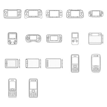 Gadgets doodle set. portable game console, drawing tablet, mobile phone in sketch style. Hand drawn vector illustration isolated on white background