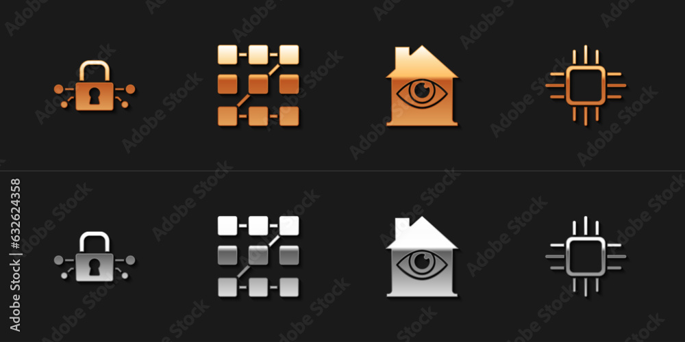 Poster set cyber security, graphic password protection, house with eye scan and processor microcircuits cpu