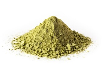 Natural green matcha powder on a white background.