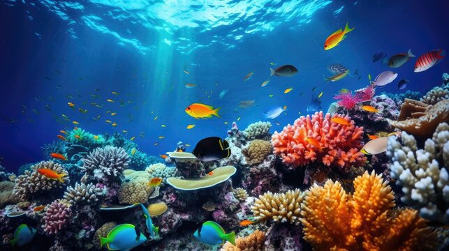 colorful assorted tropical fish and coral on australia's great barrier reef underwater marine biodiversity ecology generative AI