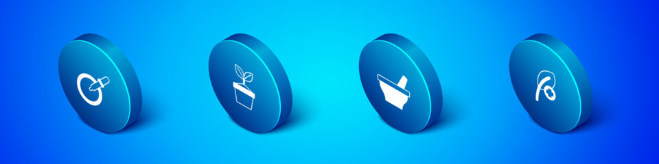 Set Isometric Petri dish with pipette, Mortar and pestle, Leaf leaves and Plant in pot icon. Vector
