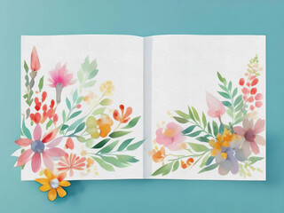 Open notebook with flowers on white background. AI Generated.