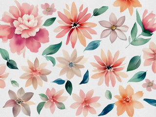 watercolor painting of flowers on white paper background, abstract floral background. AI Generated.