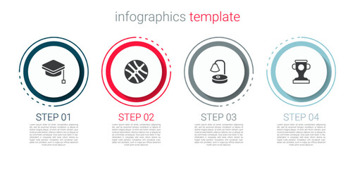 Set Graduation cap, Basketball ball, Table lamp and Award cup. Business infographic template. Vector