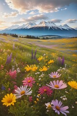 A rolling meadow of wildflowers with a distant mountain range,generative AI