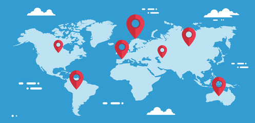 Red map point , location pinlocation points on a world map . Business and logistics concept.