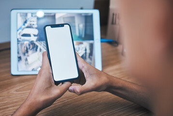 Security guard, back and control room with phone screen, monitor and hands by mockup space for surveillance. Safety agent, protection service person and smartphone for blank ux, tablet and app logo