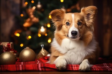 dog sitting in front of a fireplace with Christmas stockings , allow copy space, christmas banner, bright palette