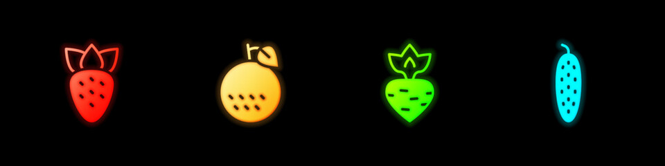 Set Strawberry, Orange fruit, Turnip and Cucumber icon. Vector