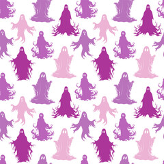 Halloween cute ghosts silhouette seamless pattern. Autumn vector illusration.