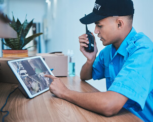 Security guard, walkie talkie and man on tablet in surveillance, cctv system and smart monitor....