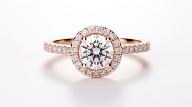 elegant diamond halo engagement ring in rose gold isolated on a white background generative AI