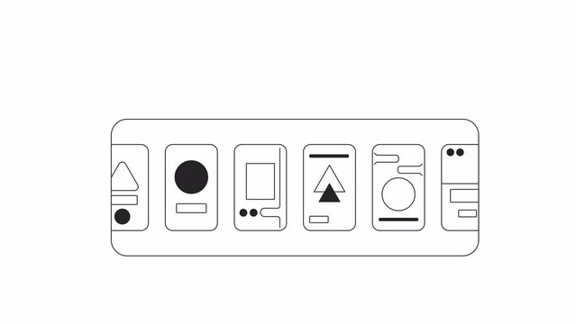Onboarding designs creating bw outline 2D object animation. Mobile screens with website layouts monochrome linear cartoon 4K video. Walkthrough animated element isolated on white background