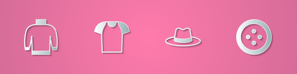 Set paper cut Sweater, T-shirt, Man hat and Sewing button for clothes icon. Paper art style. Vector