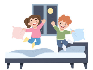 Illustration of children playing pillows on the bed at night