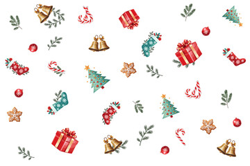 Christmas pattern of a gift, gingerbread, Christmas tree, bells, lollipops, stockings, Christmas tree toys. Seamless vector illustration