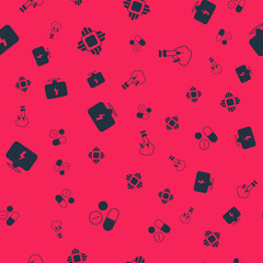 Set Medicine pill or tablet, Processor CPU, Lightning bolt and Genetically modified apple on seamless pattern. Vector