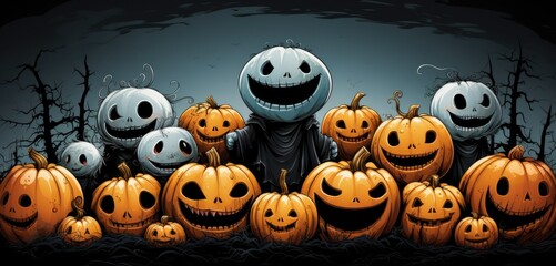 A group of jack and sally pumpkins. AI.