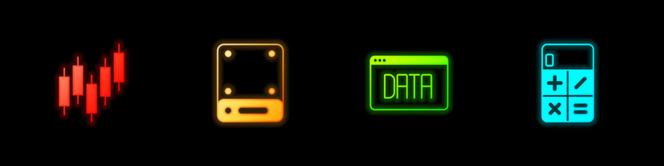 Set Browser with stocks market, Server, Data analysis and Calculator icon. Vector