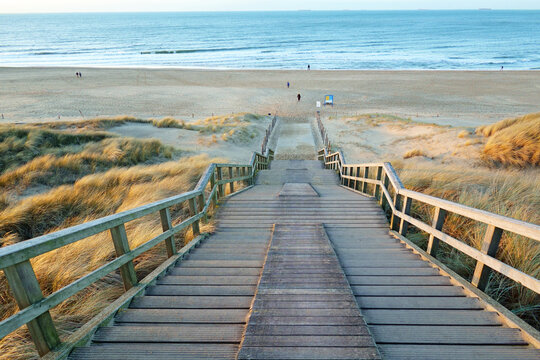Wooden stairs providing access to a wide sandy beach near Wassenaar, Netherlands.