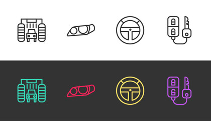 Set line Car wash, headlight, Steering wheel and key with remote on black and white. Vector © Kostiantyn